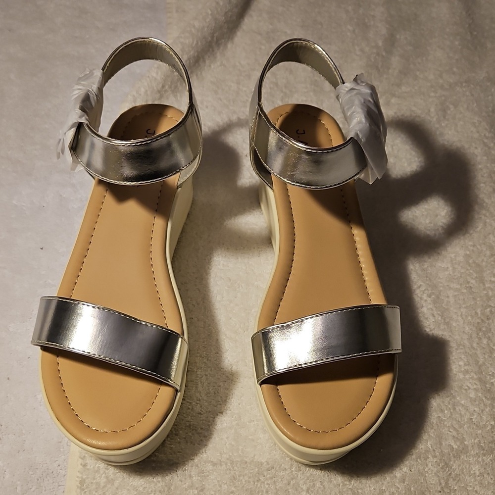 J. Adams Silver PU Wedge Ankle Strap Sandals Buckle Metallic Women's Size 9
